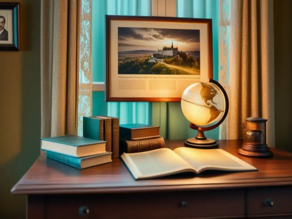 Un acogedor estudio vintage con libros antiguos, un globo terráqueo y retratos familiares