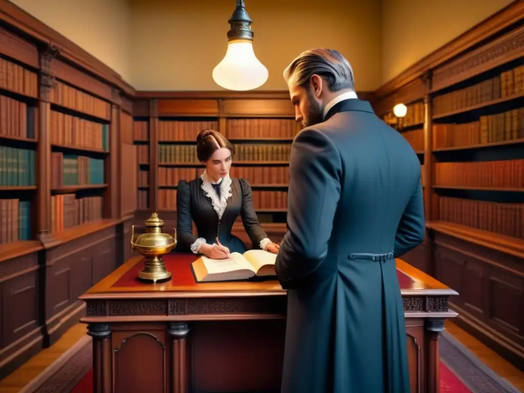 Un acogedor salón victoriano con estanterías llenas de libros, un escritorio de caoba y una pareja conversando