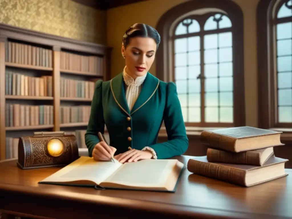 Acogedora biblioteca vintage con libros antiguos sobre genealogía, escritorio de madera con pluma, papel pergamino y lupa