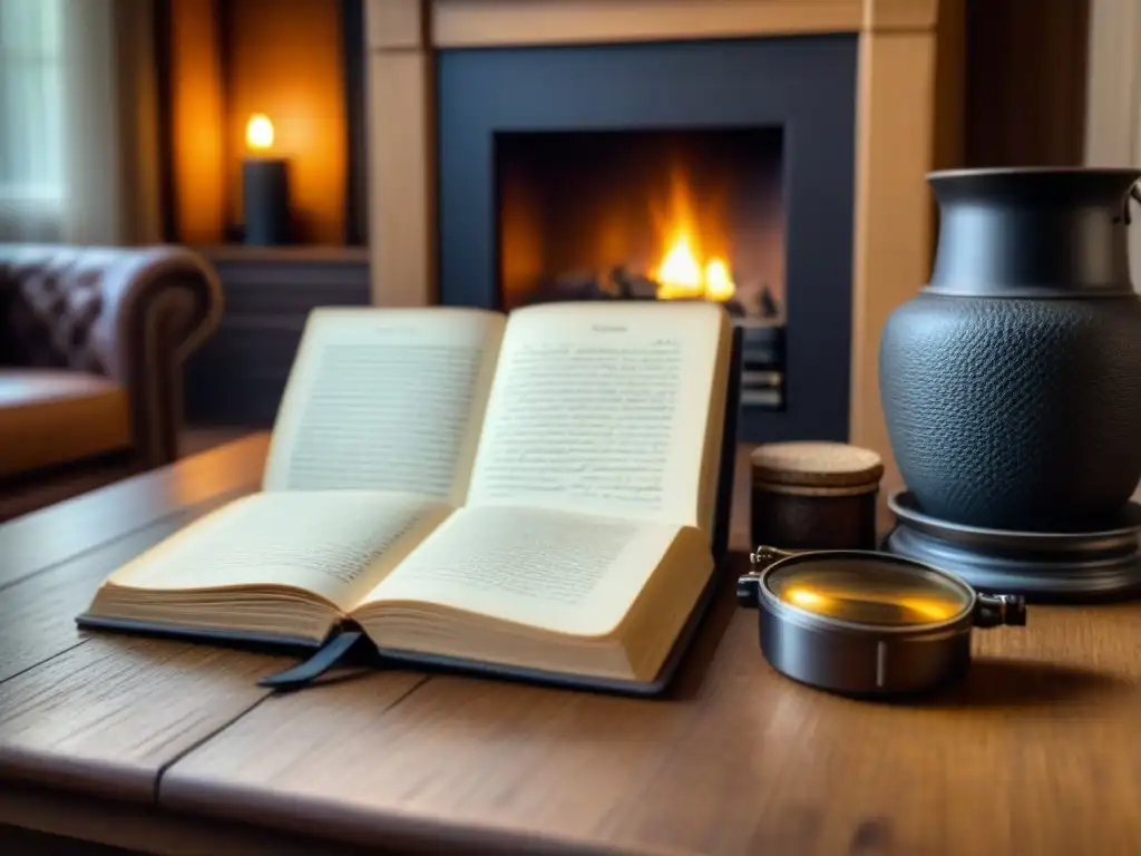 Acogedora sala iluminada con chimenea, mesa de madera con diario antiguo y gafas de lectura, fotos familiares