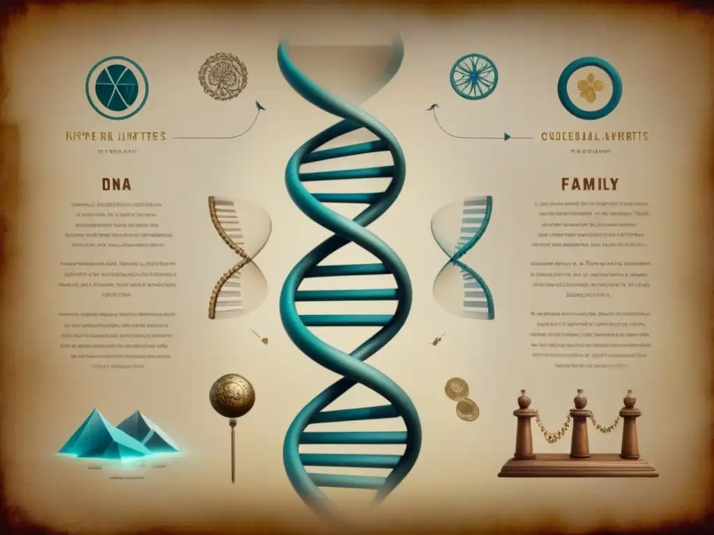 Un ADN entrelazado con símbolos ancestrales en una ilustración vintage detallada evocando la interpretación de resultados y herencia genealógica