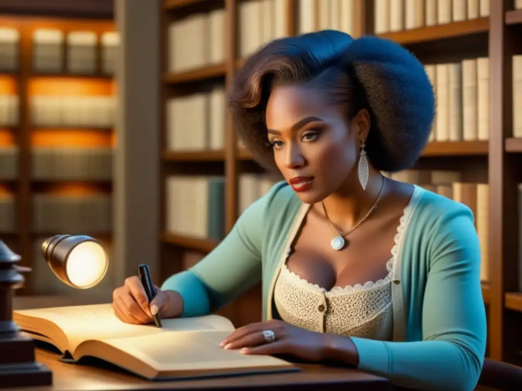 Exploración genealogía africana online: Mujer afroamericana examina árbol genealógico en biblioteca histórica con luz cálida