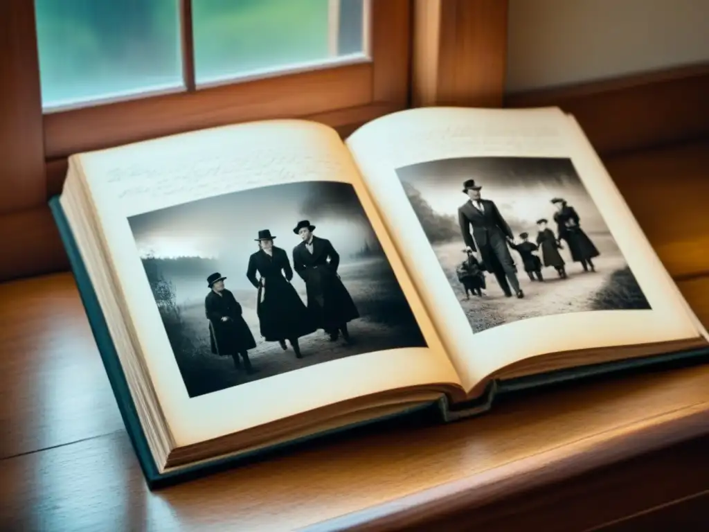 Álbum familiar antiguo: recuerdos en sepia de generaciones pasadas Un álbum familiar antiguo y desgastado con fotos sepia de generaciones pasadas y notas escritas a mano, iluminado por luz natural