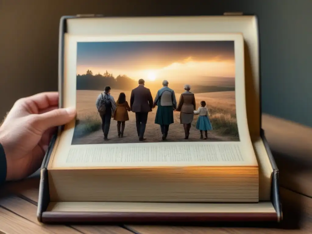 Álbum de fotos familiar antiguo en mesa de madera iluminado por luz cálida, preservar memoria oral genealogía familiar