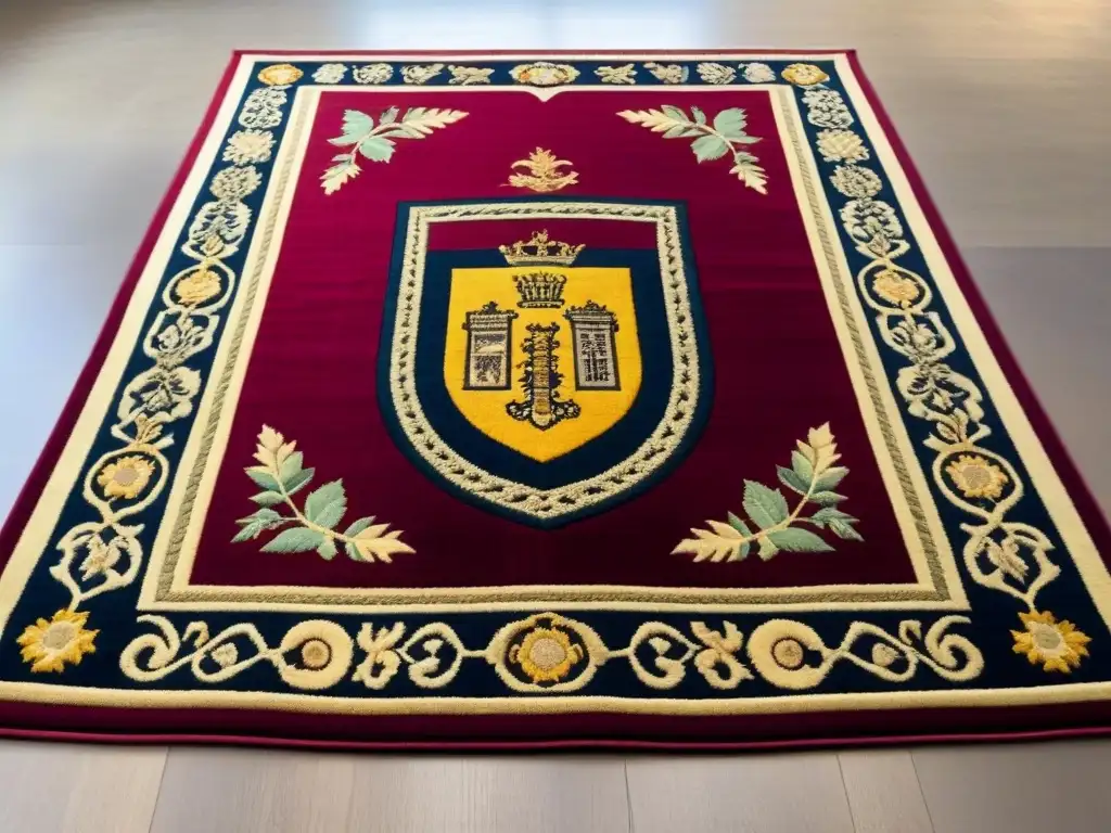 Alfombra personalizada con escudo de apellido en tonos de burgundy, dorado y azul marino, con patrones elegantes