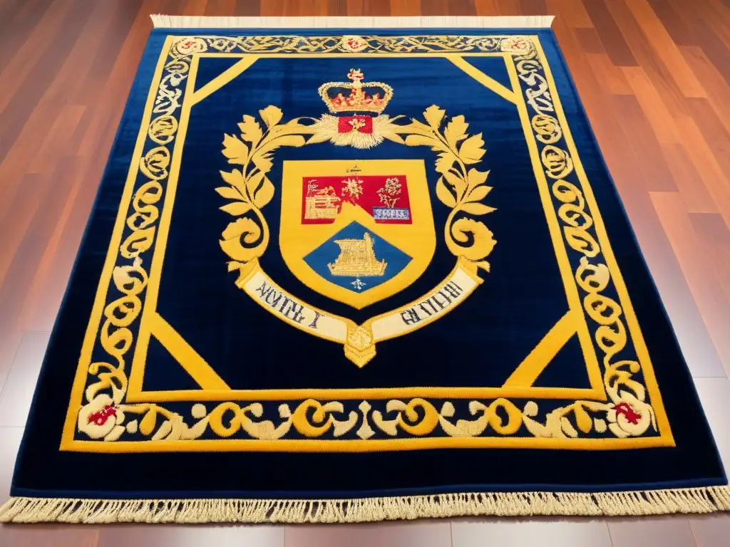 Una alfombra personalizada con escudo de apellido, rica en historia y prestigio, en tonos de borgoña, azul y oro