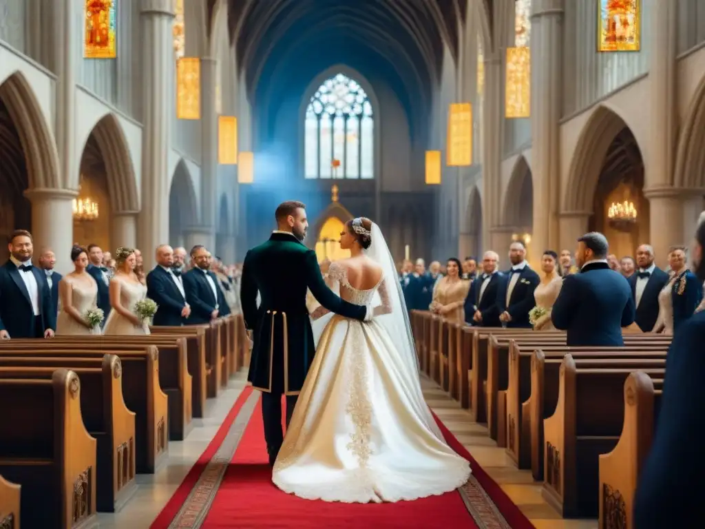 Alianzas matrimoniales en el Renacimiento: Una boda renacentista lujosa en una catedral, con vitrales coloridos y nobles elegantemente vestidos