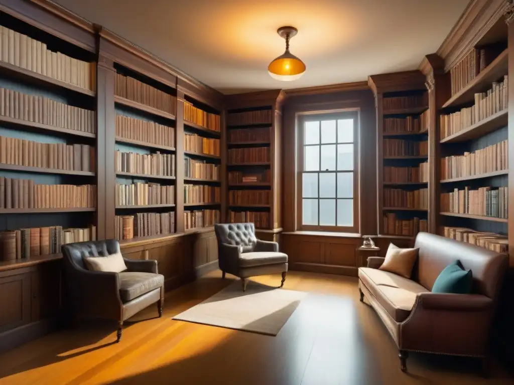 Un ambiente acogedor de biblioteca vintage: estanterías con libros antiguos, rincón de lectura, escritorio de madera y luz cálida