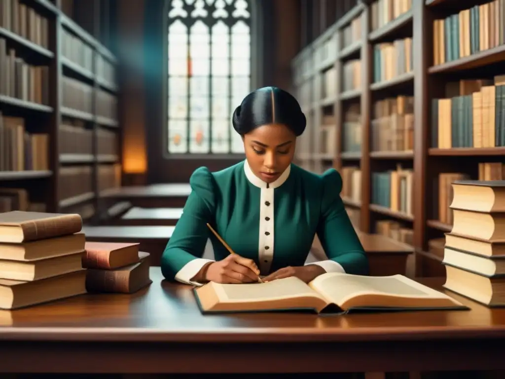 Un ambiente de biblioteca antigua con personas investigando genealogía, iluminado por luz cálida