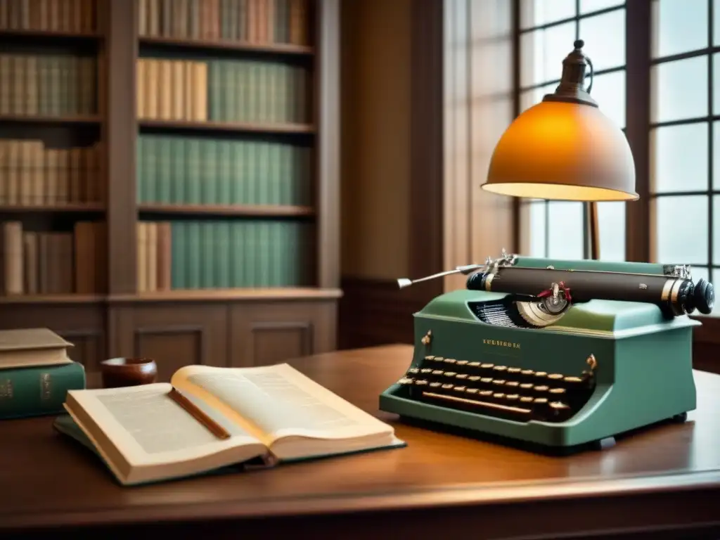 Un ambiente cálido y nostálgico en una sala de estudio vintage con libros antiguos, un globo terráqueo y una máquina de escribir clásica