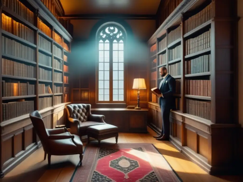 Un ambiente de saber eterno en una biblioteca antigua con libros de cuero, estanterías de madera y un rincón de lectura acogedor