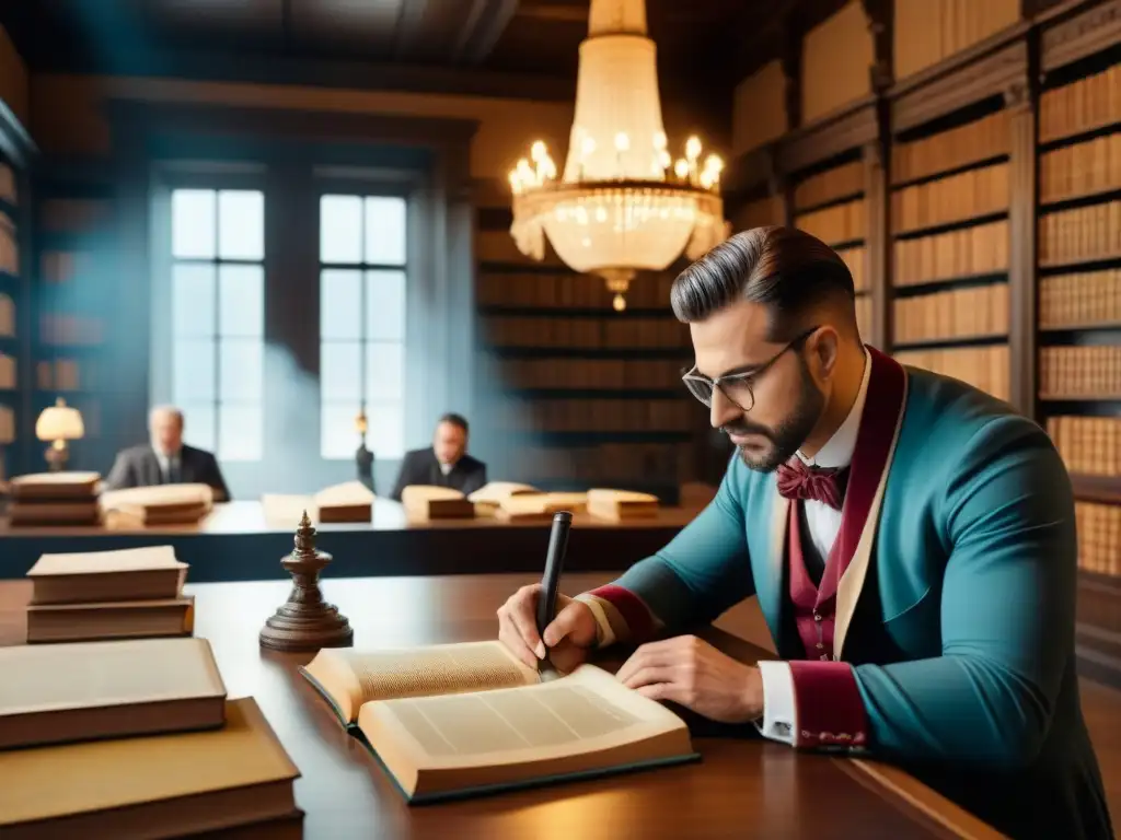 Un ambiente lleno de sabiduría e historia en una biblioteca vintage con expertos en genealogía investigando documentos