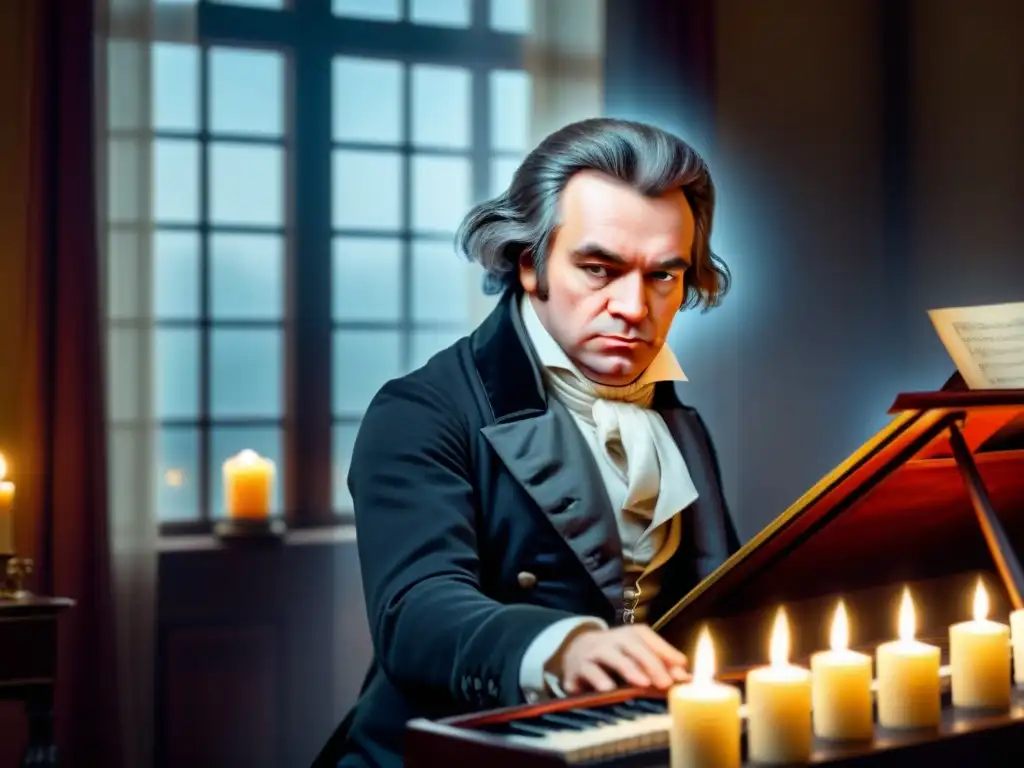 Beethoven creando magia: ilustración vintage del genio musical Ludwig van Beethoven componiendo música en un ambiente mágico y lleno de pasión, historia del apellido Beethoven