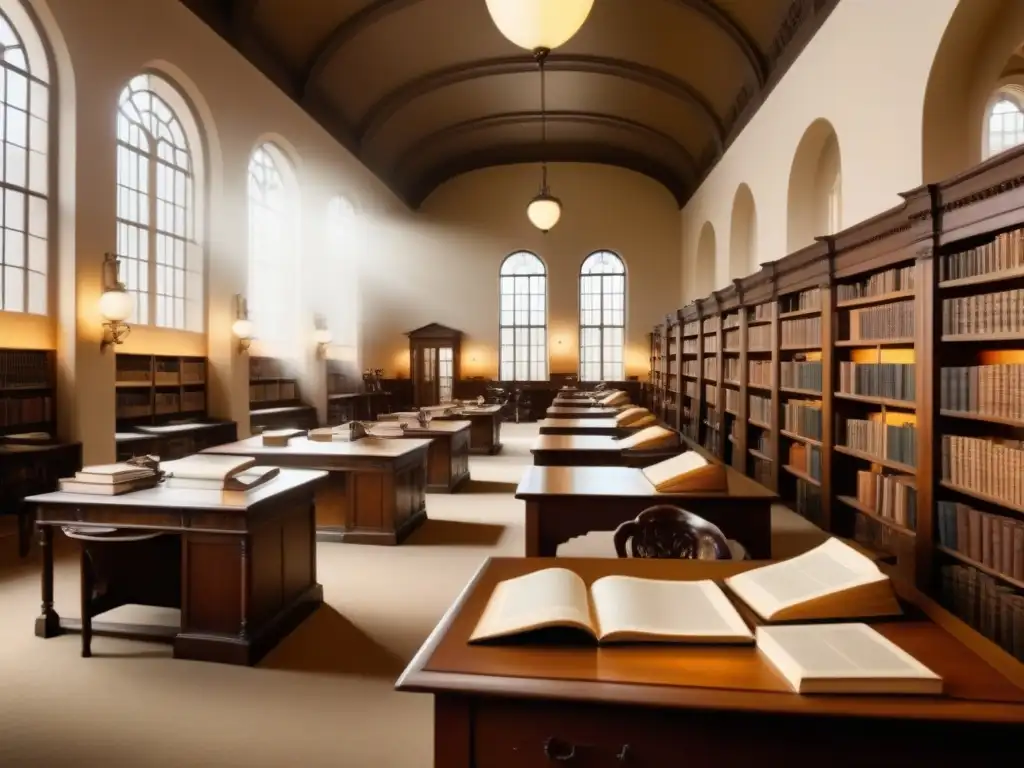 Un ambiente nostálgico y académico en una bulliciosa biblioteca llena de personas de todas las edades y orígenes, inmersas en libros