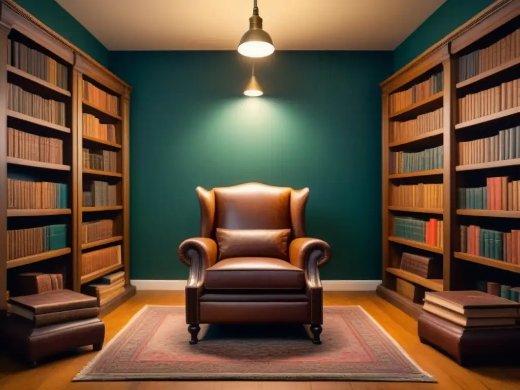 Ambiente nostálgico en una biblioteca vintage con libros de cuero, sillón y chimenea cálida