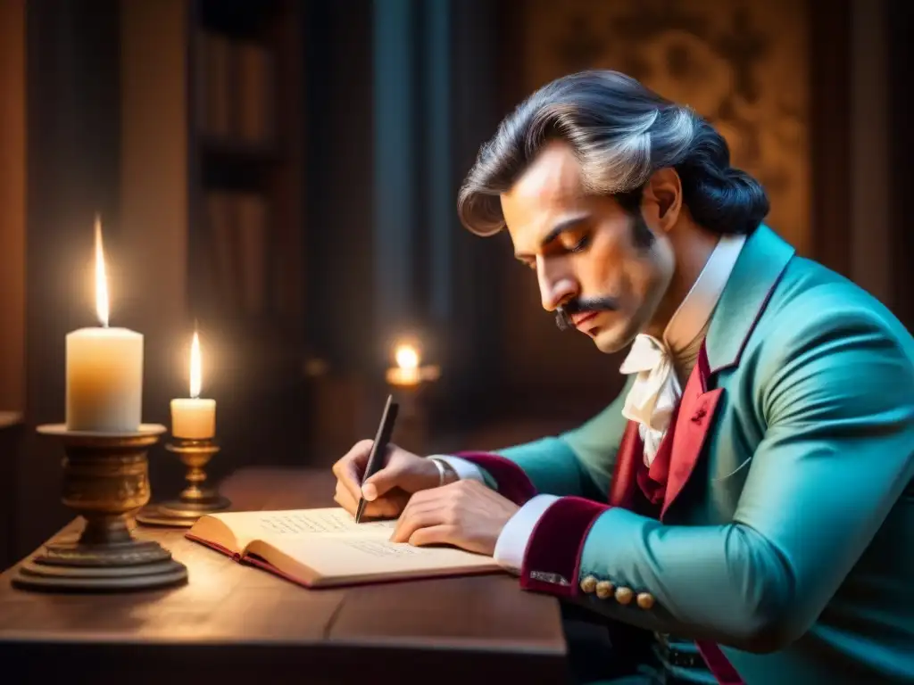 Gustavo Adolfo Bécquer escribiendo poesía en un ambiente romántico y misterioso del siglo XIX