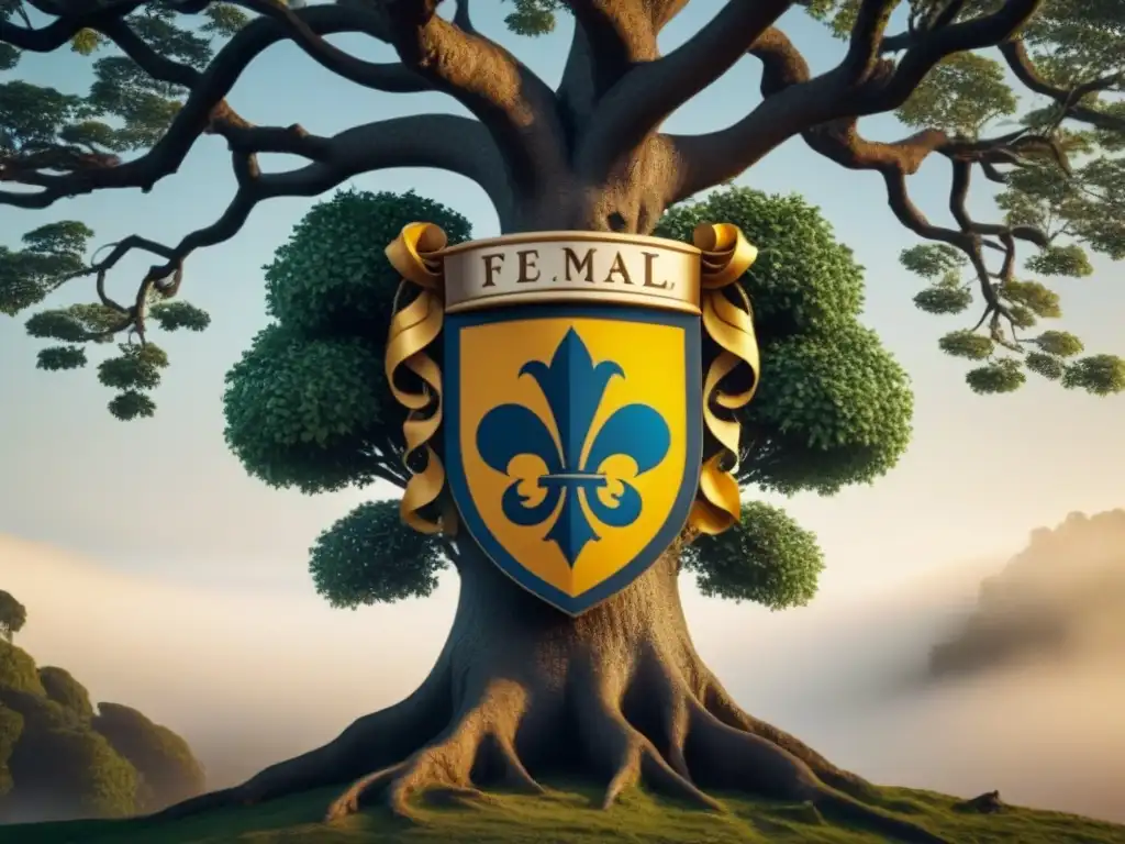 Un ancestral árbol genealógico con un escudo de armas medieval, representando la historia de apellidos y linajes