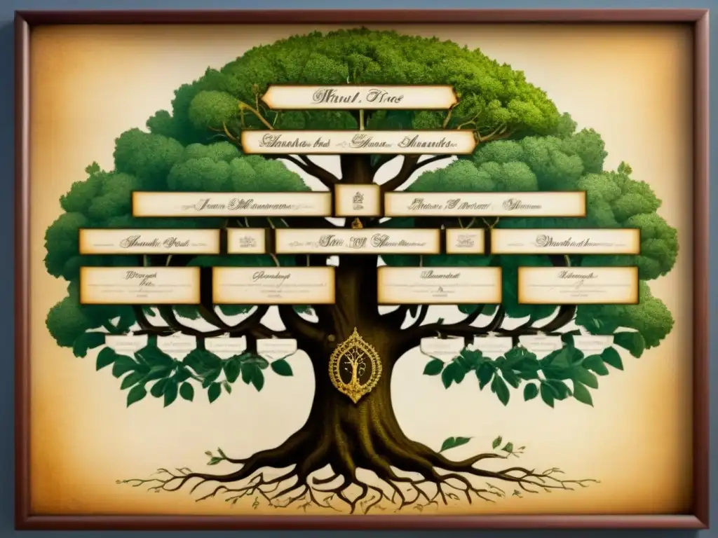 Un ancestral árbol genealógico ilustrado a mano en pergamino antiguo, resaltando linajes distinguidos historia apellido