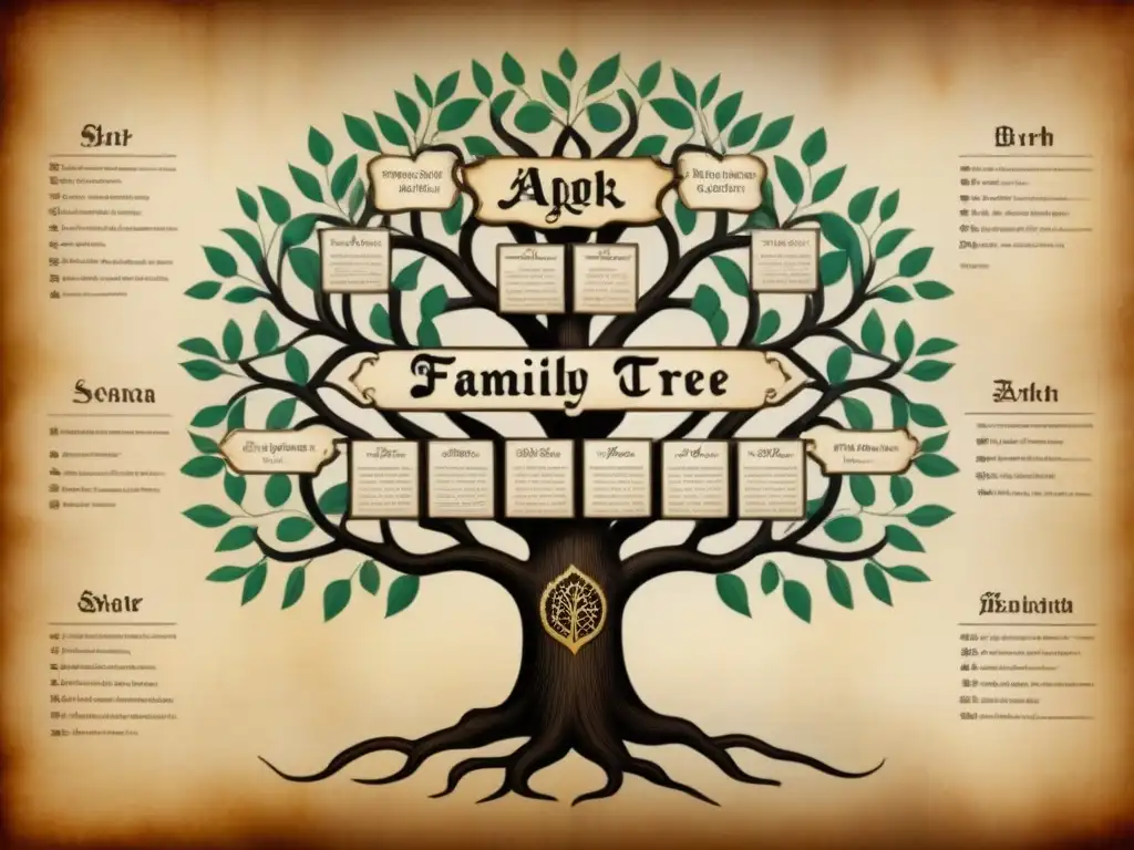 Un ancestral árbol genealógico en pergamino con detalles intrincados de historia de apellidos y genealogía