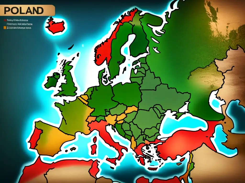 Un ancestral mapa de Europa con detalles históricos y un árbol genealógico de apellidos polacos en caligrafía elegante