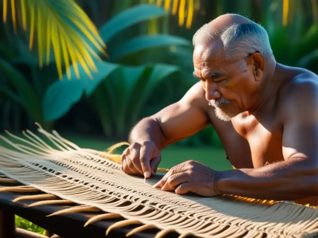 Ancestral samoano tejiendo tapa al atardecer entre flora tropical