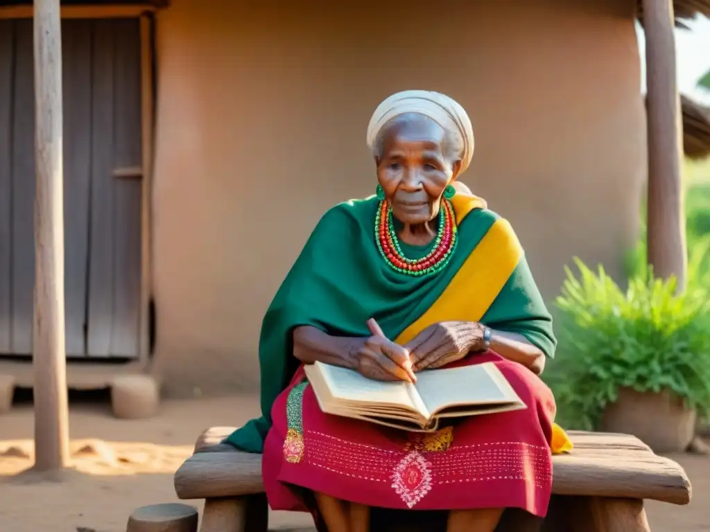 Una anciana africana revisa álbum familiar desgastado frente a casa de barro, rodeada de naturaleza