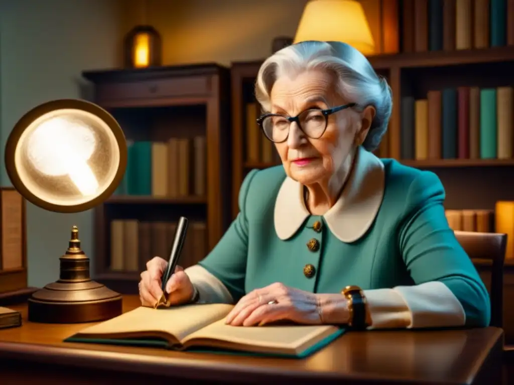 Una anciana examina fotografías antiguas en un escritorio de madera, iluminada por una lámpara de escritorio, rodeada de objetos vintage