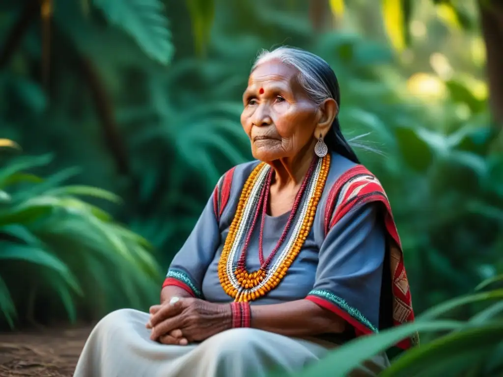 Anciana indígena tejendo patrón colorido en la naturaleza, orgullosa de su cultura y resistencia ante normativas coloniales