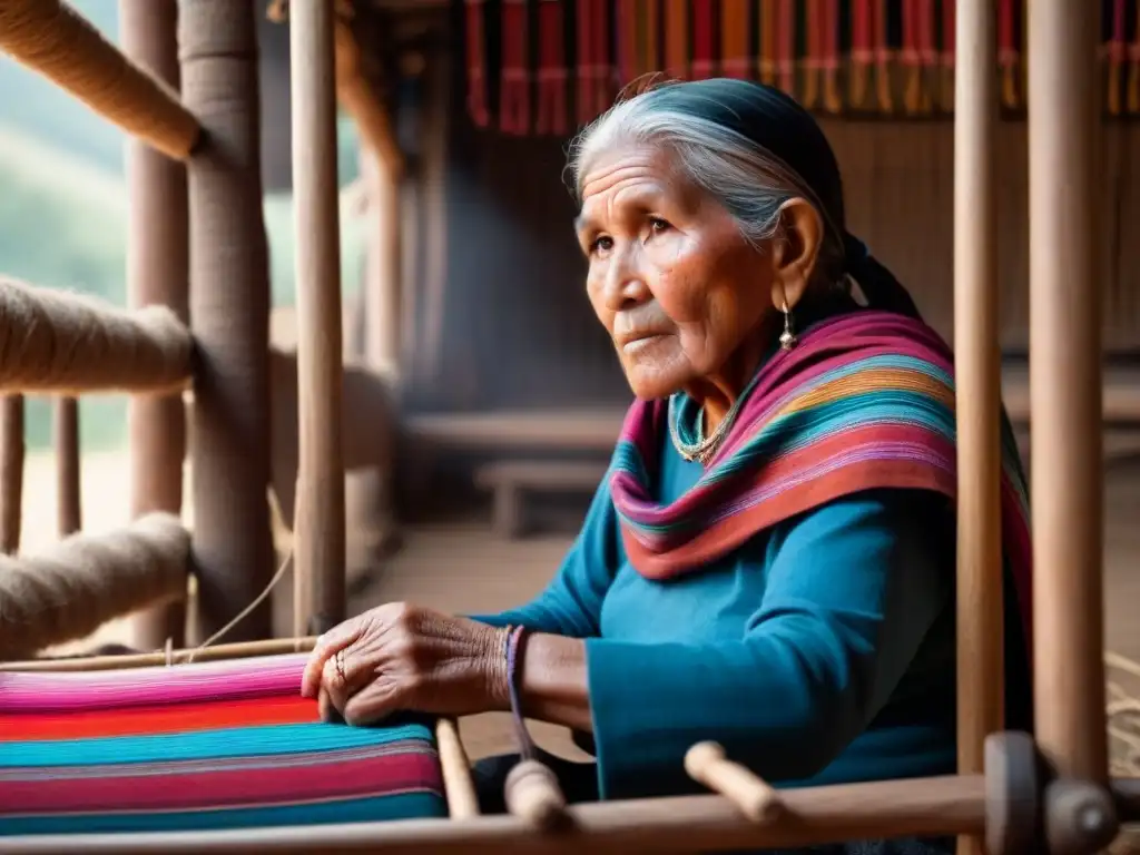 Una anciana mujer quechua tejiendo textiles coloridos en telar rústico, con patrones andinos