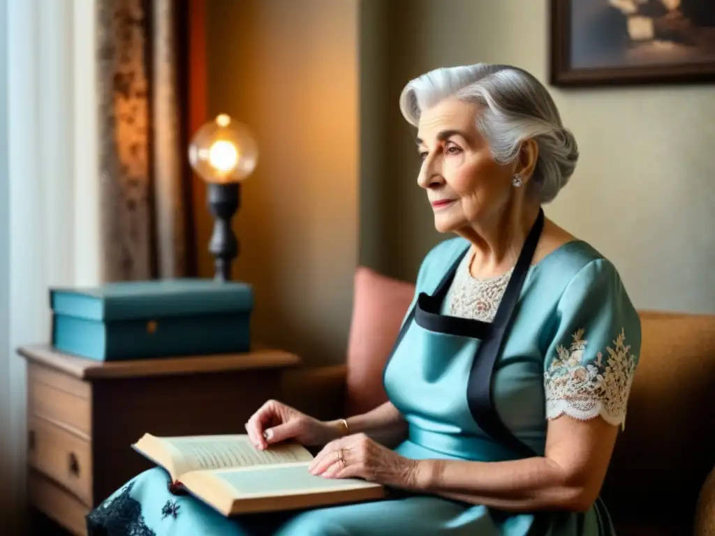 Una anciana en su sala llena de álbumes y cartas antiguas, preservando la memoria oral y genealogía familiar