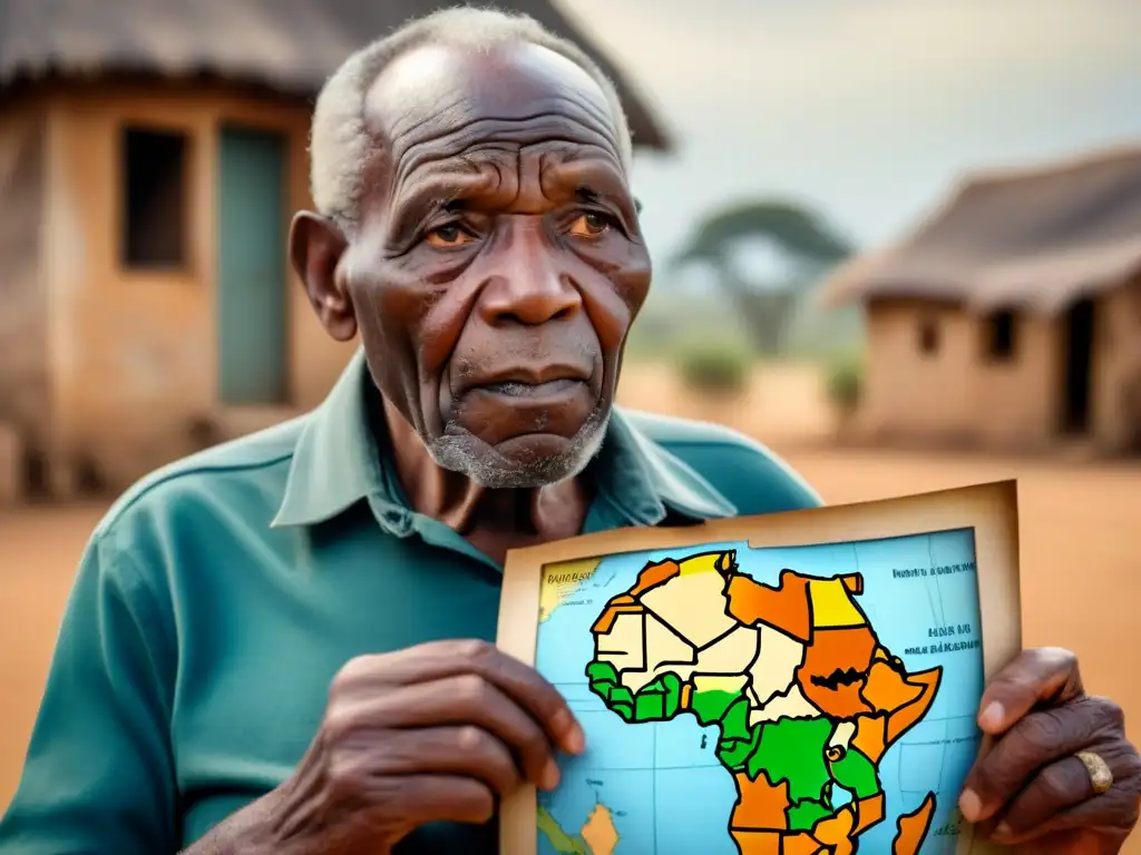 Un anciano africano sostiene con cuidado una fotografía desgastada de su familia, con orgullo, tristeza y resiliencia