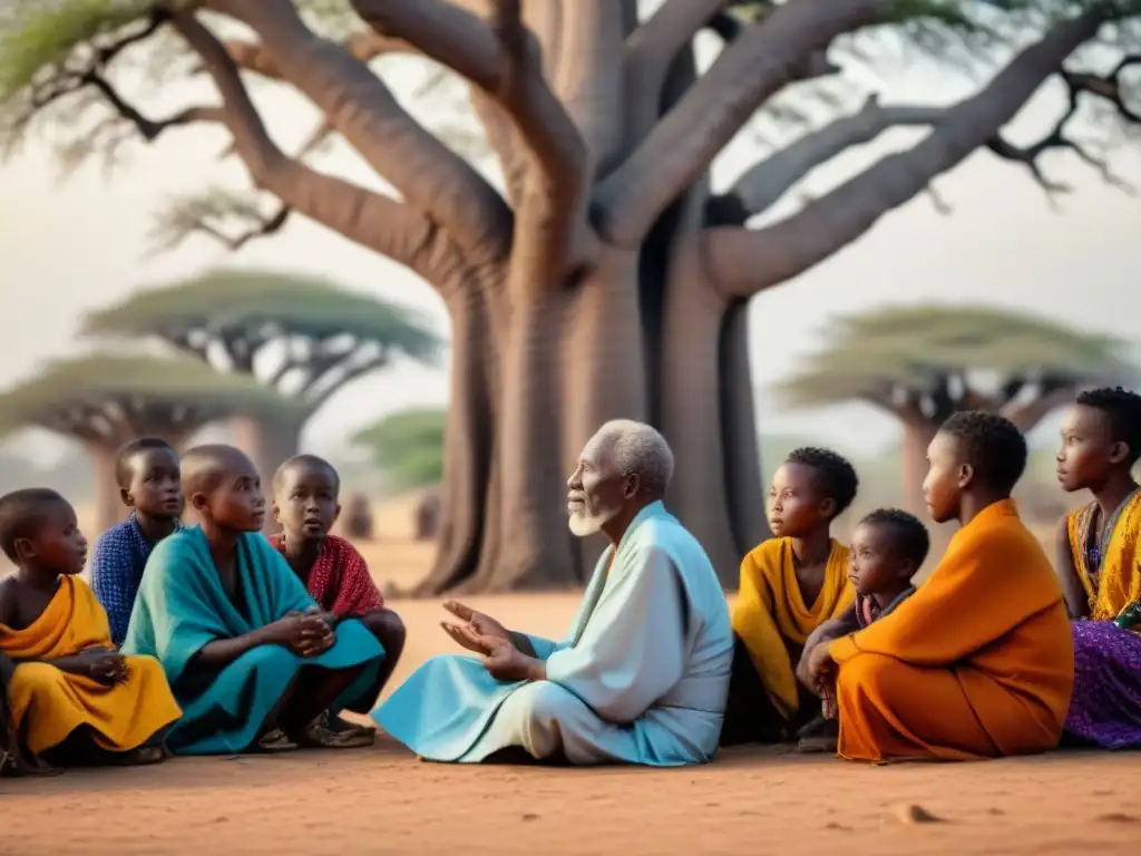 Un anciano africano comparte historias bajo un baobab, rodeado de niños fascinados