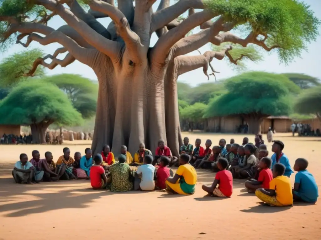 Anciano africano comparte historias familiares bajo baobab con jóvenes