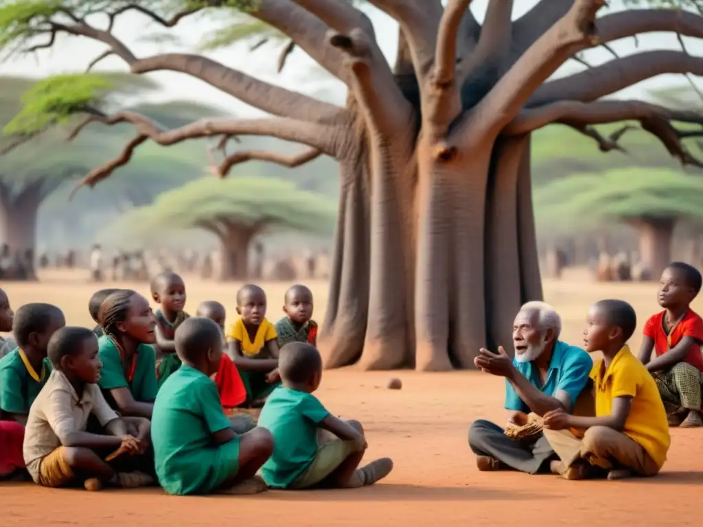 Anciano africano cuenta historias familiares bajo baobab a niños atentos al atardecer en África