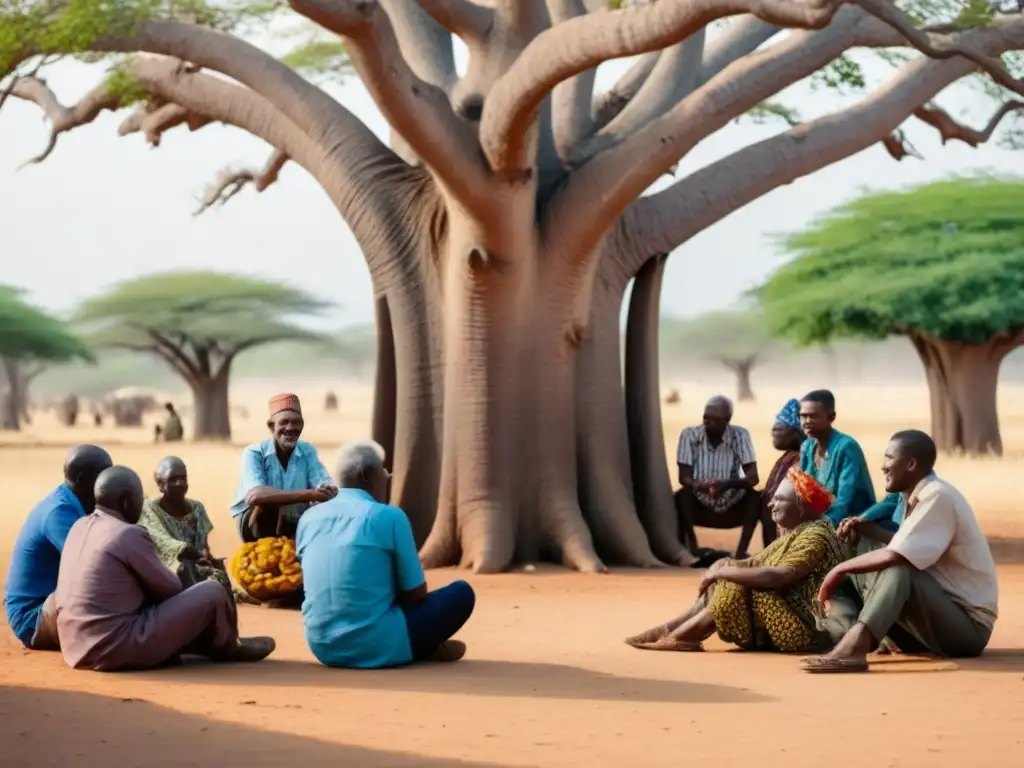 Un anciano africano se reúne con diversos individuos bajo un baobab, transmitiendo unidad y reconstrucción historias familiares postconflicto África