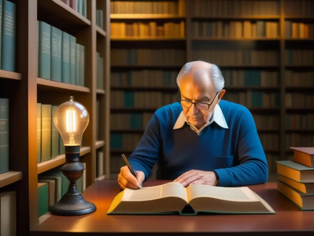 Un anciano investiga la evolución de su apellido en una biblioteca iluminada, rodeado de libros antiguos