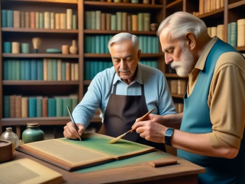 Un anciano pintando cuadros personalizados historia apellido en una habitación llena de recuerdos nostálgicos