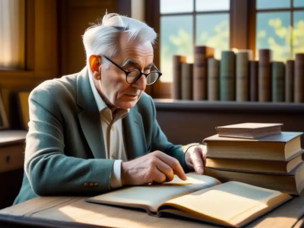 Un anciano examina con emoción el árbol genealógico de la familia Juncos en una habitación nostálgica llena de libros antiguos y recuerdos