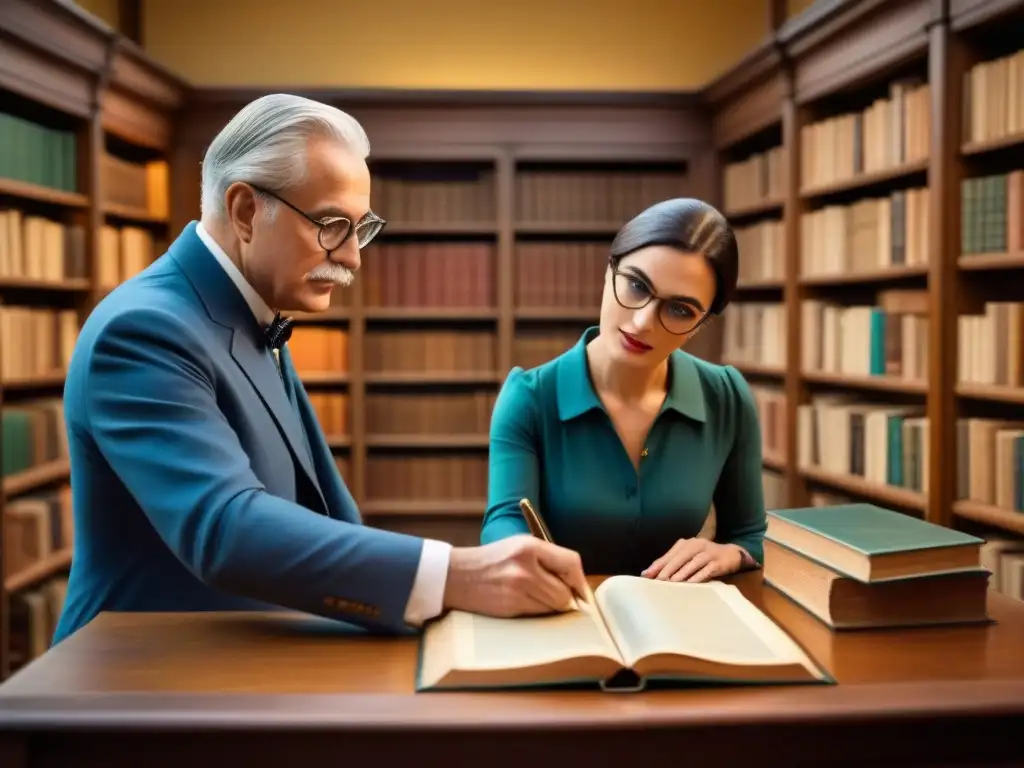 Un anciano experto en genealogía ayuda a una joven cliente en una biblioteca histórica, iluminados por lámparas antiguas