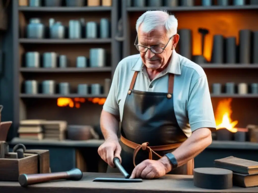 Un anciano herrero, forjando una pieza metálica en un taller iluminado por brasas, rodeado de libros antiguos y artefactos