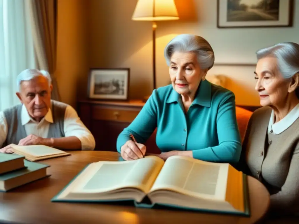 Un anciano comparte historias familiares con sus seres queridos en un salón acogedor