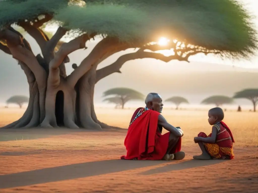 Un anciano líder Maasai comparte historias con niños bajo un árbol en la sabana al atardecer, mostrando la rica cultura de África Oriental