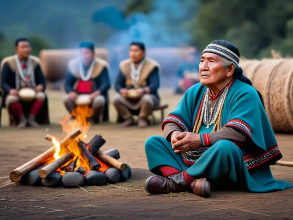 Un anciano mapuche cuenta historias junto al fuego, rodeado de símbolos y niños atentos