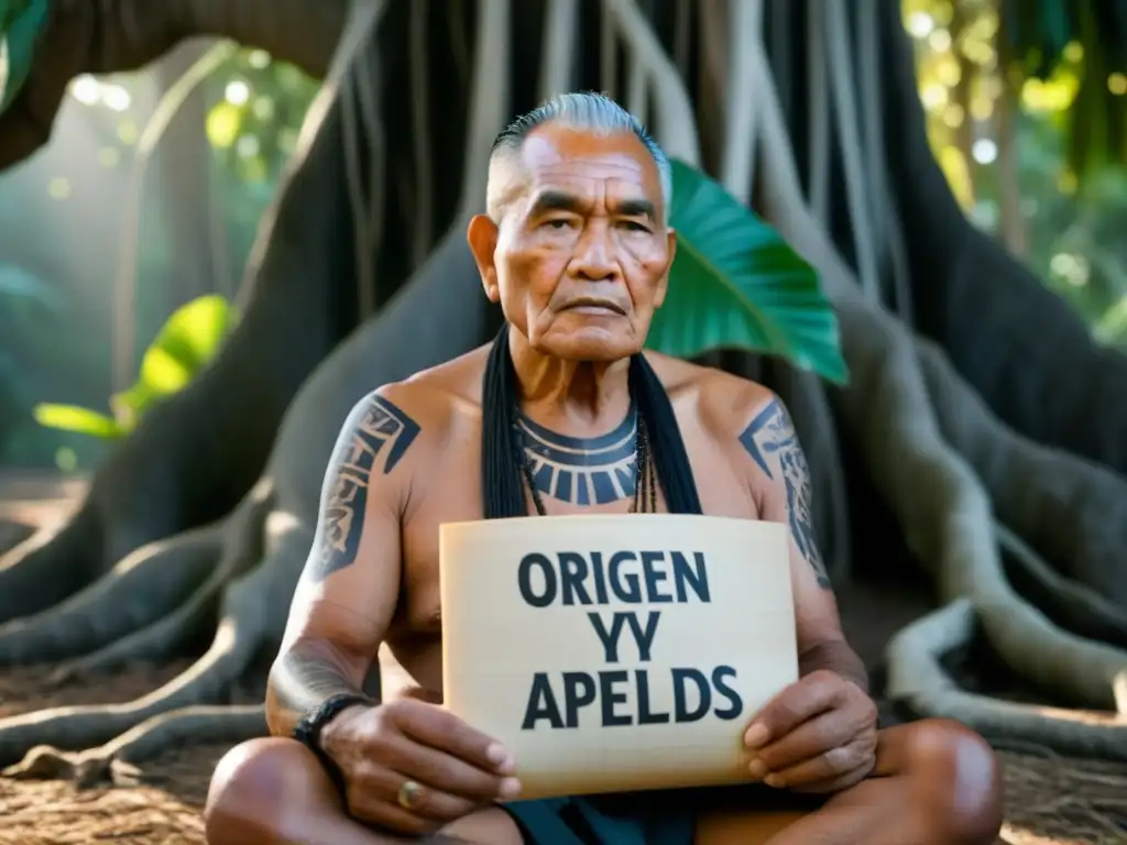 Un anciano samoano con tatuajes tradicionales y un pergamino que dice 'Origen y significado apellidos samoanos' bajo un árbol de banyan