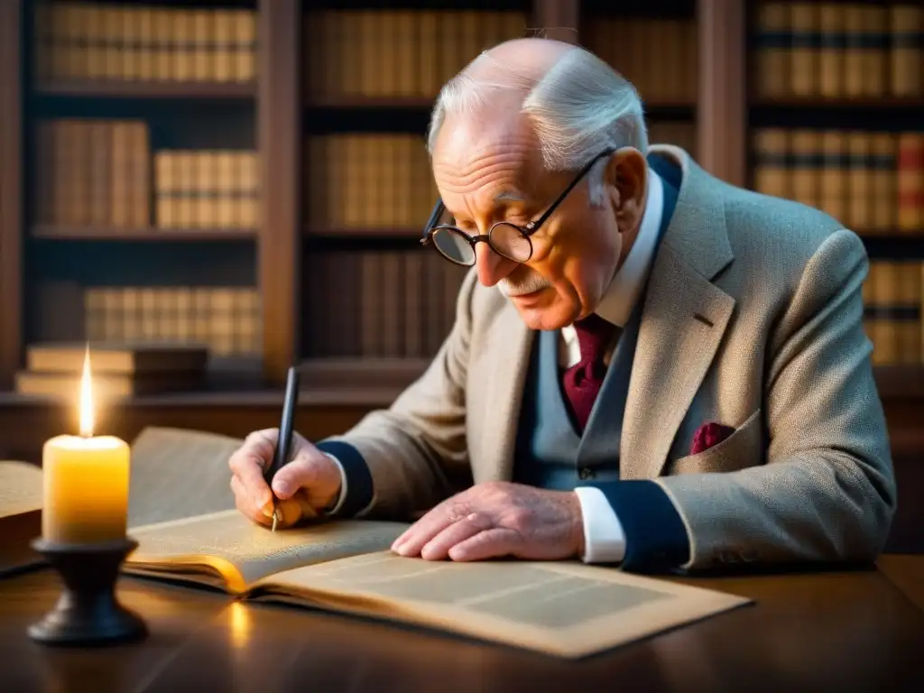 Un anciano en traje tweed y gafas, estudia pergamino antiguo a la luz de vela en habitación llena de libros polvorientos y mapas antiguos