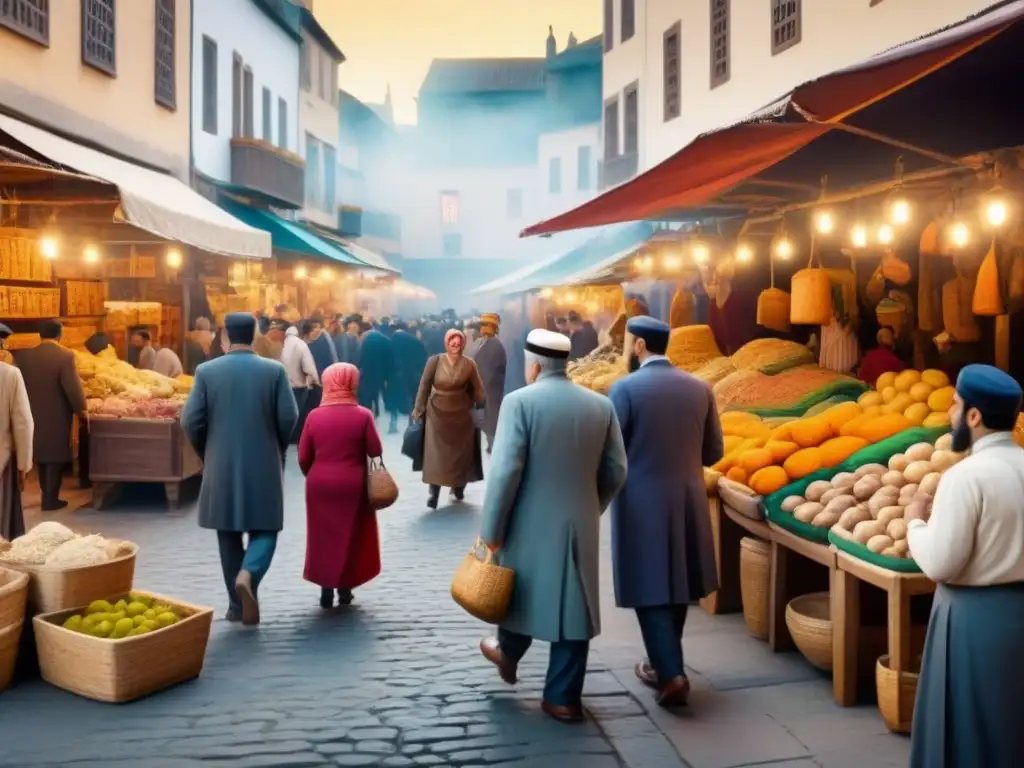 Una animada ilustración vintage de un bullicioso mercado en una comunidad judía sefardí, lleno de detalles culturales y coloridos