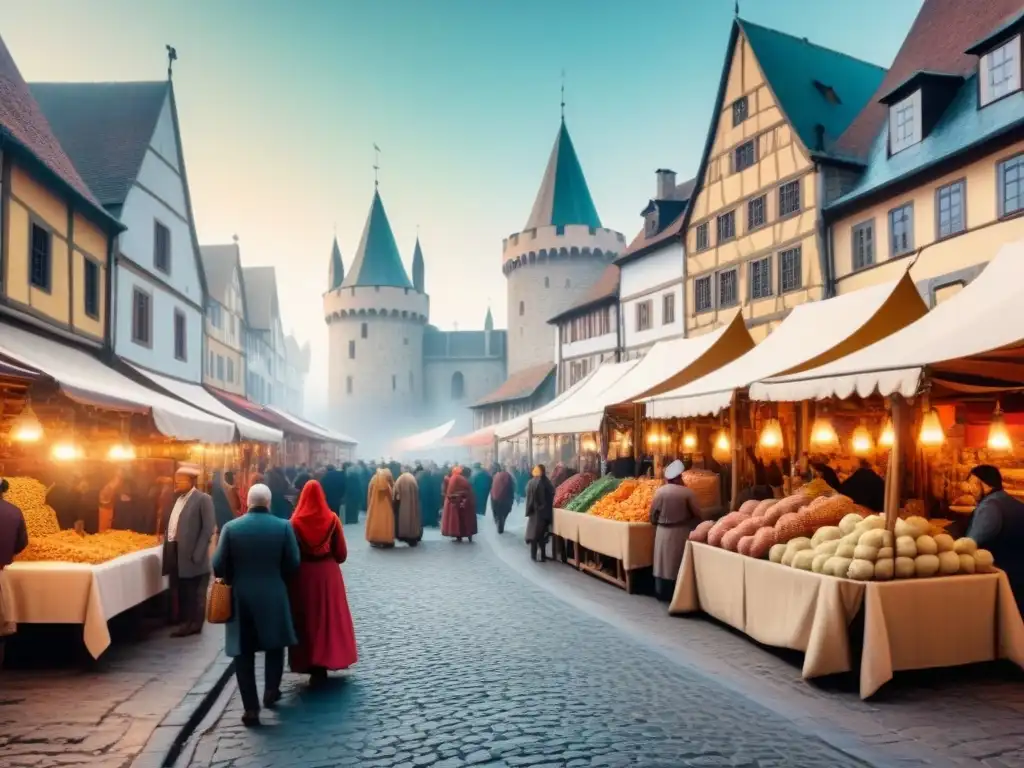 Una animada ilustración vintage muestra un bullicioso mercado medieval con diversidad cultural y arquitectura europea