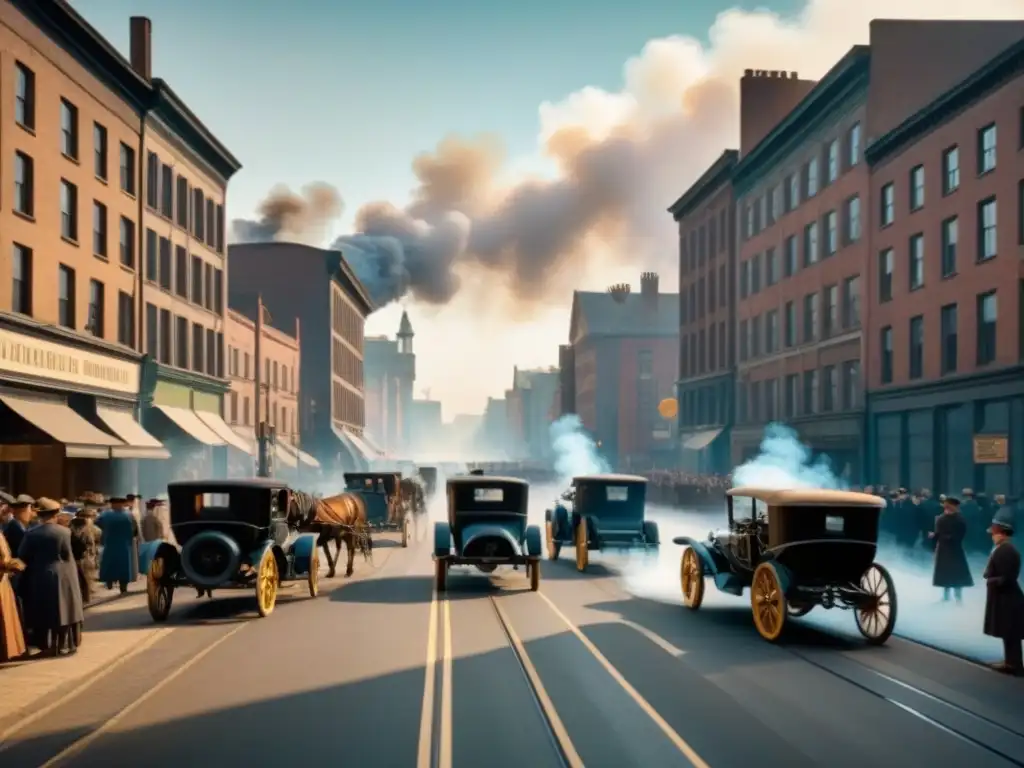 Una animada ilustración vintage de una calle en la ciudad durante el siglo XX, con fábricas humeantes, personas y coches antiguos