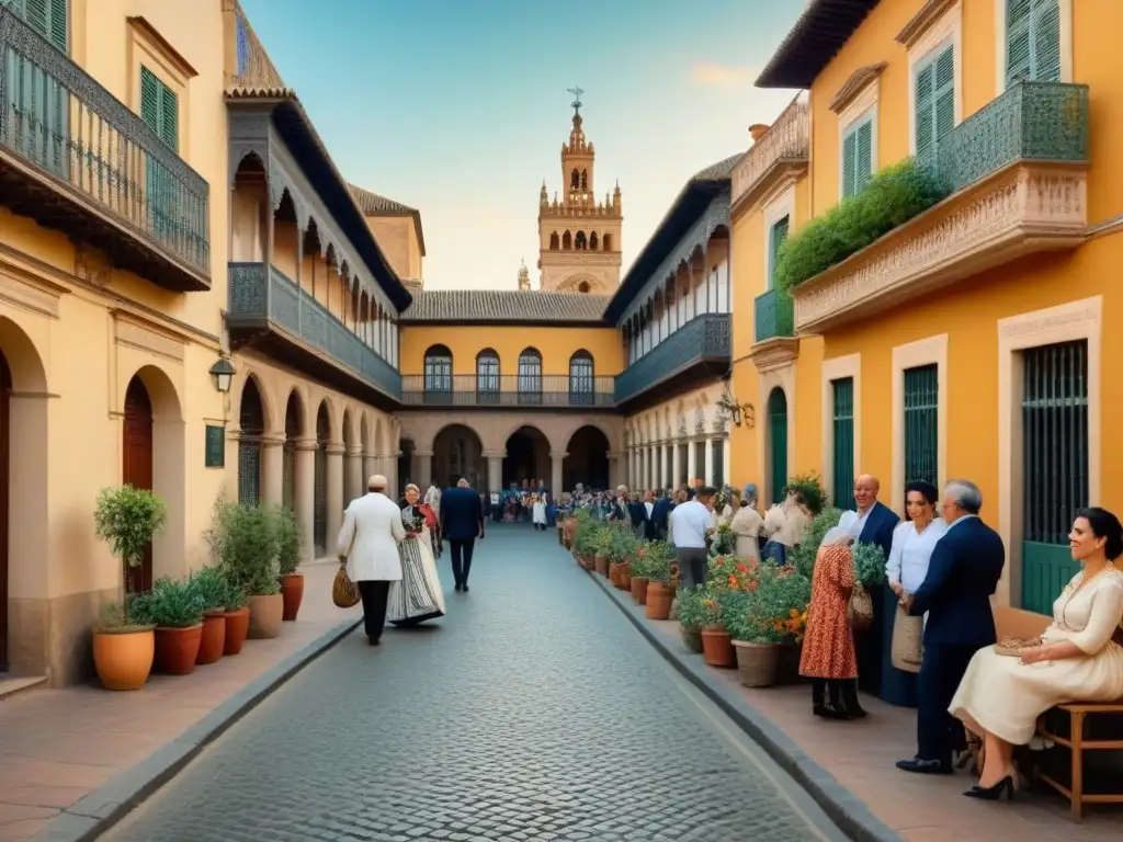 Una animada calle de Sevilla con edificios andaluces y balcones floridos