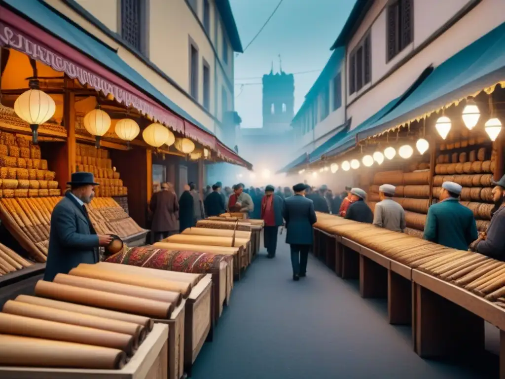 Una animada escena de mercado vintage con xilófonos y xilografías tallados, evocando riqueza cultural